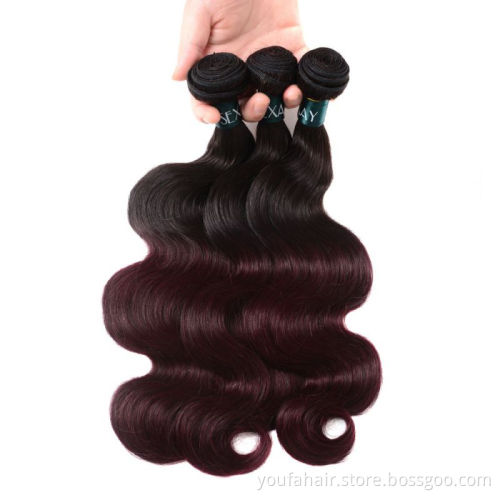 Free Sample Brazilian Virgin Human Hair Ombre Color 1b/99j# Hair Bundles Body Wave Cuticle Aligned Raw Hair Weaves Extensions